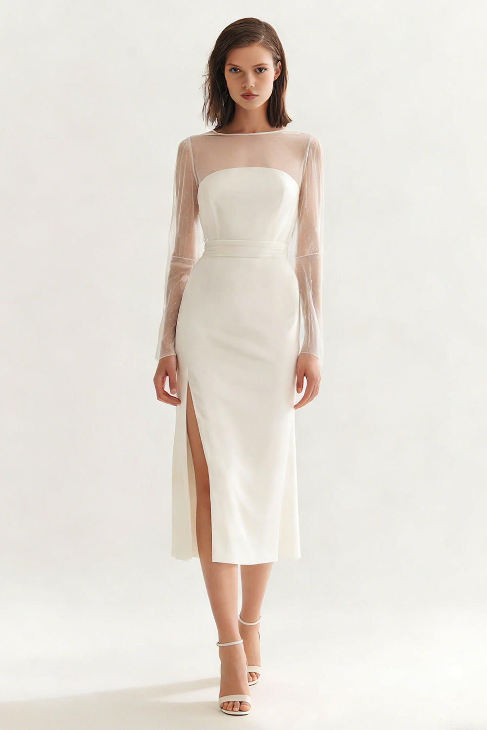Berylove Women Long Sleeve Midi White Dress Satin Illusion Neck Graduation Dress with Slit, Ivory / US20W Berylove Women Long Sleeve Midi White Dress Satin Illusion Neck Graduation Dress with Slit, Ivory / US20W