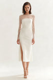 Long Sleeve Satin Midi White Dress with Slit