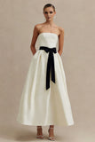 Strapless A Line Satin Maxi White Dress with Bow