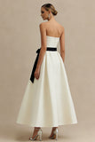 Strapless A Line Satin Maxi White Dress with Bow