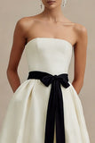 Strapless A Line Satin Maxi White Dress with Bow