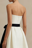 Strapless A Line Satin Maxi White Dress with Bow