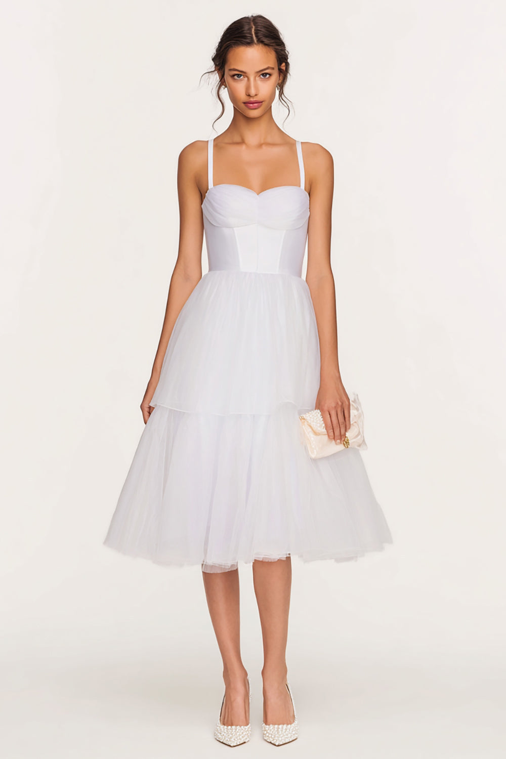 Berylove Women Spaghetti Straps Midi White Dress Simple A Line Corset Graduation Dress Berylove Women Spaghetti Straps Midi White Dress Simple A Line Corset Graduation Dress