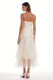 Tiered Spaghetti Straps Satin Midi White Dress