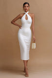 Halter Bodycon Satin Cut Out Midi White Dress