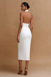 Halter Bodycon Satin Cut Out Midi White Dress