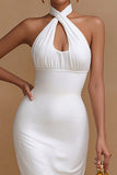 Halter Bodycon Satin Cut Out Midi White Dress