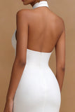 Halter Bodycon Satin Cut Out Midi White Dress