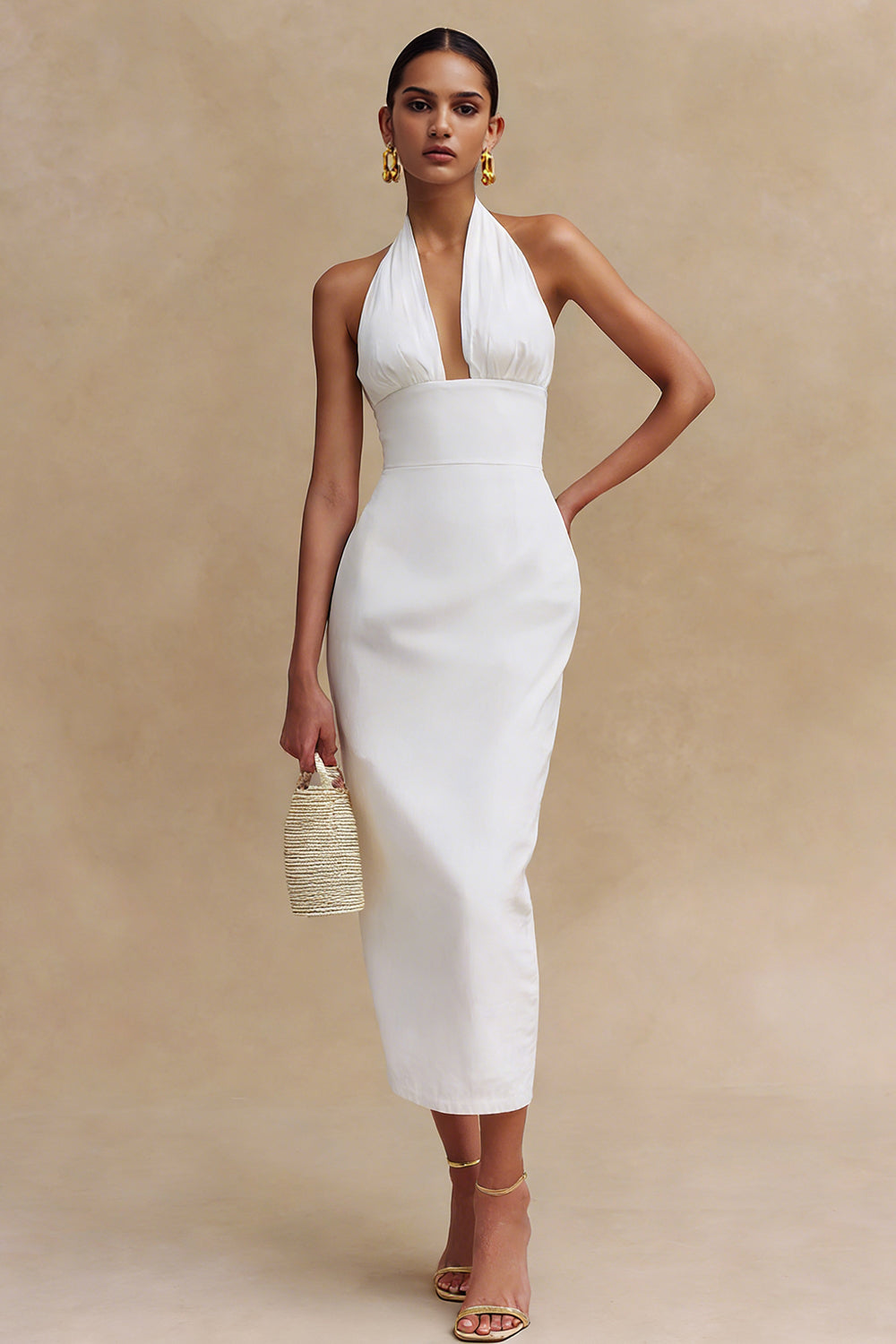 Berylove Women Bodycon Midi White Dress Simple Halter Satin Graduation Dress, White / US20W Berylove Women Bodycon Midi White Dress Simple Halter Satin Graduation Dress, White / US20W