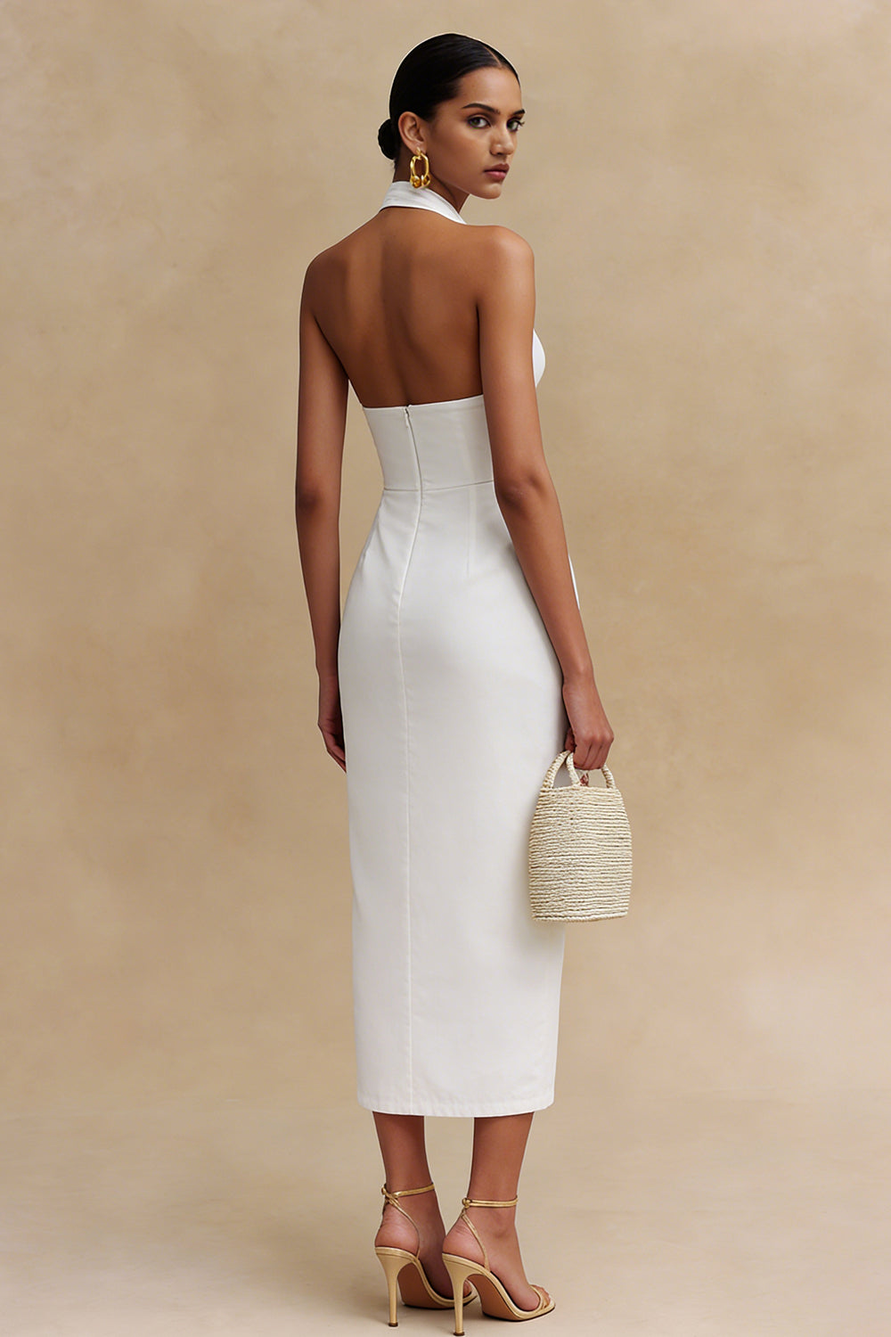 Berylove Women Bodycon Midi White Dress Simple Halter Satin Graduation Dress, White / US20W Berylove Women Bodycon Midi White Dress Simple Halter Satin Graduation Dress, White / US20W