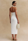 Simple Halter Bodycon Satin Midi White Dress