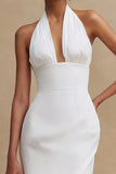 Simple Halter Bodycon Satin Midi White Dress