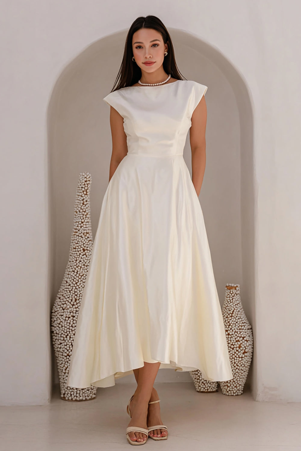 Berylove Women Bateau Neck Midi White Dress A Line Cap Sleeve Satin Graduation Dress, Ivory / US20W Berylove Women Bateau Neck Midi White Dress A Line Cap Sleeve Satin Graduation Dress, Ivory / US20W