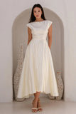 Bateau Neck A Line Cap Sleeve Midi White Dress
