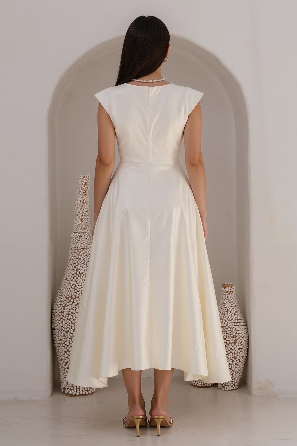 Berylove Women Bateau Neck Midi White Dress A Line Cap Sleeve Satin Graduation Dress, Ivory / US20W Berylove Women Bateau Neck Midi White Dress A Line Cap Sleeve Satin Graduation Dress, Ivory / US20W