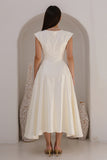 Bateau Neck A Line Cap Sleeve Midi White Dress
