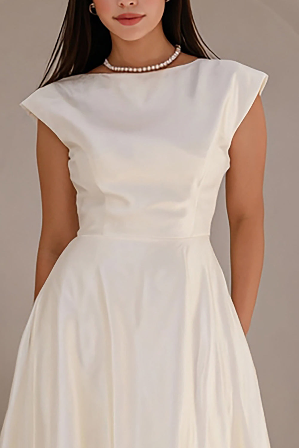 Berylove Women Bateau Neck Midi White Dress A Line Cap Sleeve Satin Graduation Dress, Ivory / US20W Berylove Women Bateau Neck Midi White Dress A Line Cap Sleeve Satin Graduation Dress, Ivory / US20W