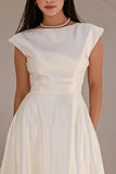 Bateau Neck A Line Cap Sleeve Midi White Dress