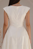 Bateau Neck A Line Cap Sleeve Midi White Dress