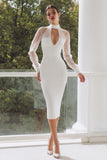 High Neck Bodycon Cut Out Midi White Dress