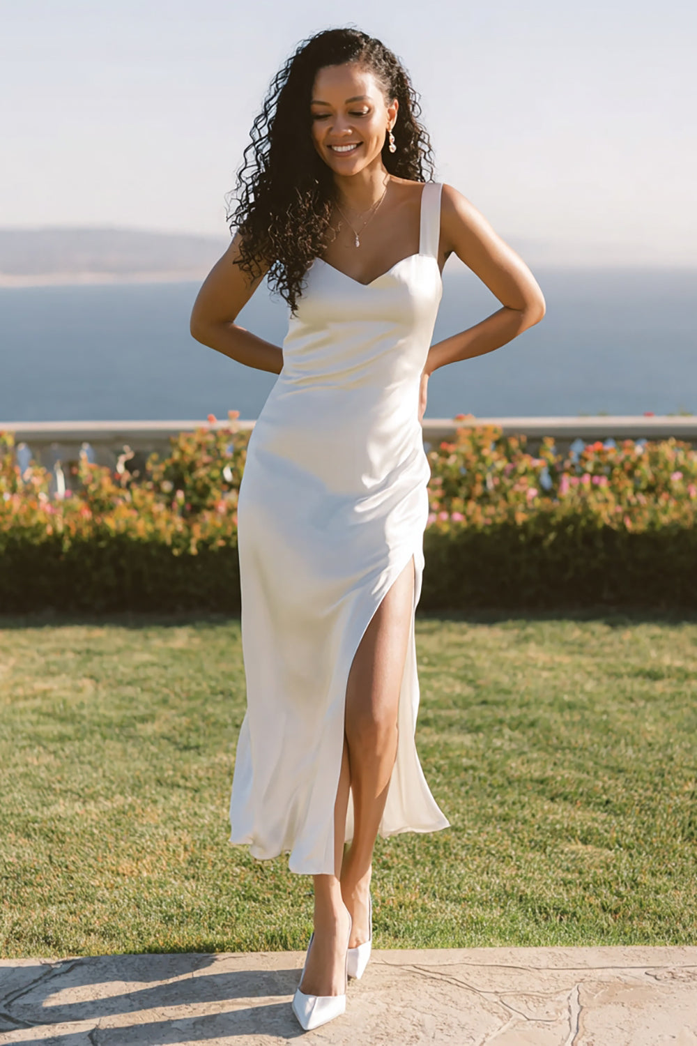 Berylove Women Spaghetti Straps Midi White Dress Satin Graduation Dress with Slit, White / US6 Berylove Women Spaghetti Straps Midi White Dress Satin Graduation Dress with Slit, White / US6
