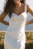 Spaghetti Straps Satin Midi White Dress with Slit