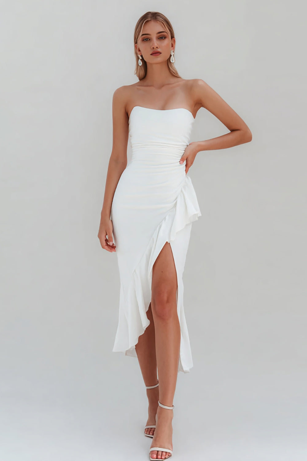 Berylove Women Strapless Midi White Dress Simple Ruffled Graduation Dress with Slit, White / US12 Berylove Women Strapless Midi White Dress Simple Ruffled Graduation Dress with Slit, White / US12