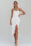 Strapless Ruffled Midi White Dress with Slit