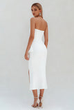 Strapless Ruffled Midi White Dress with Slit