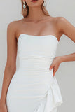 Strapless Ruffled Midi White Dress with Slit