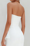 Strapless Ruffled Midi White Dress with Slit