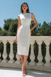 Elegant Bateau Neck Bodycon Satin Midi White Dress