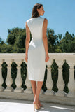 Elegant Bateau Neck Bodycon Satin Midi White Dress
