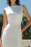 Elegant Bateau Neck Bodycon Satin Midi White Dress