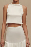 2 Piece A Line Ruffled Midi White Dress