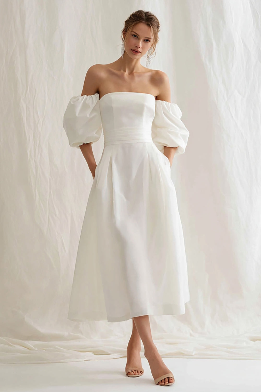 Berylove Women Strapless Midi White Dress Elegant A Line Satin Graduation Dress with Puff Sleeves, Ivory / US12 Berylove Women Strapless Midi White Dress Elegant A Line Satin Graduation Dress with Puff Sleeves, Ivory / US12