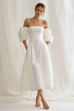 Strapless A Line Midi White Dress with Puff Sleeves