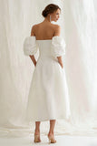 Strapless A Line Midi White Dress with Puff Sleeves