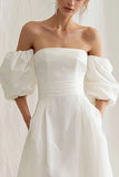 Strapless A Line Midi White Dress with Puff Sleeves