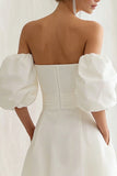 Strapless A Line Midi White Dress with Puff Sleeves