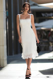 Spaghetti Straps Bodycon Midi White Dress with Lace