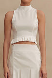 High Neck 2 Piece A Line Midi White Dress with Ruffles