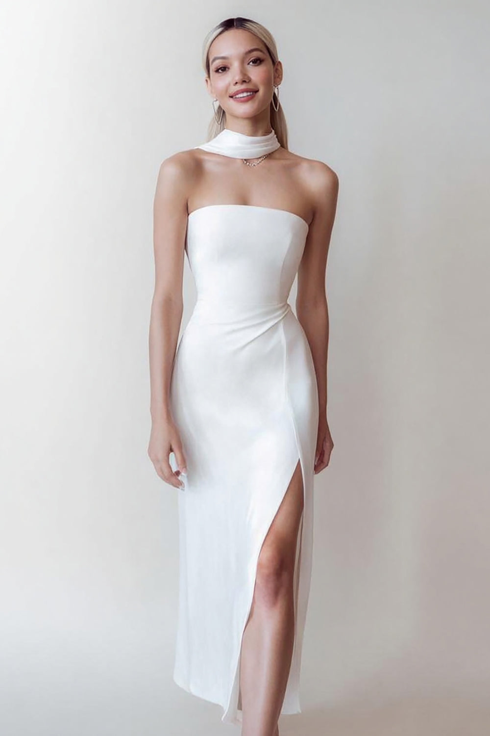 Berylove Women Strapless Midi White Dress Elegant Satin Graduation Dress with Neck Scarf, White / US4 Berylove Women Strapless Midi White Dress Elegant Satin Graduation Dress with Neck Scarf, White / US4