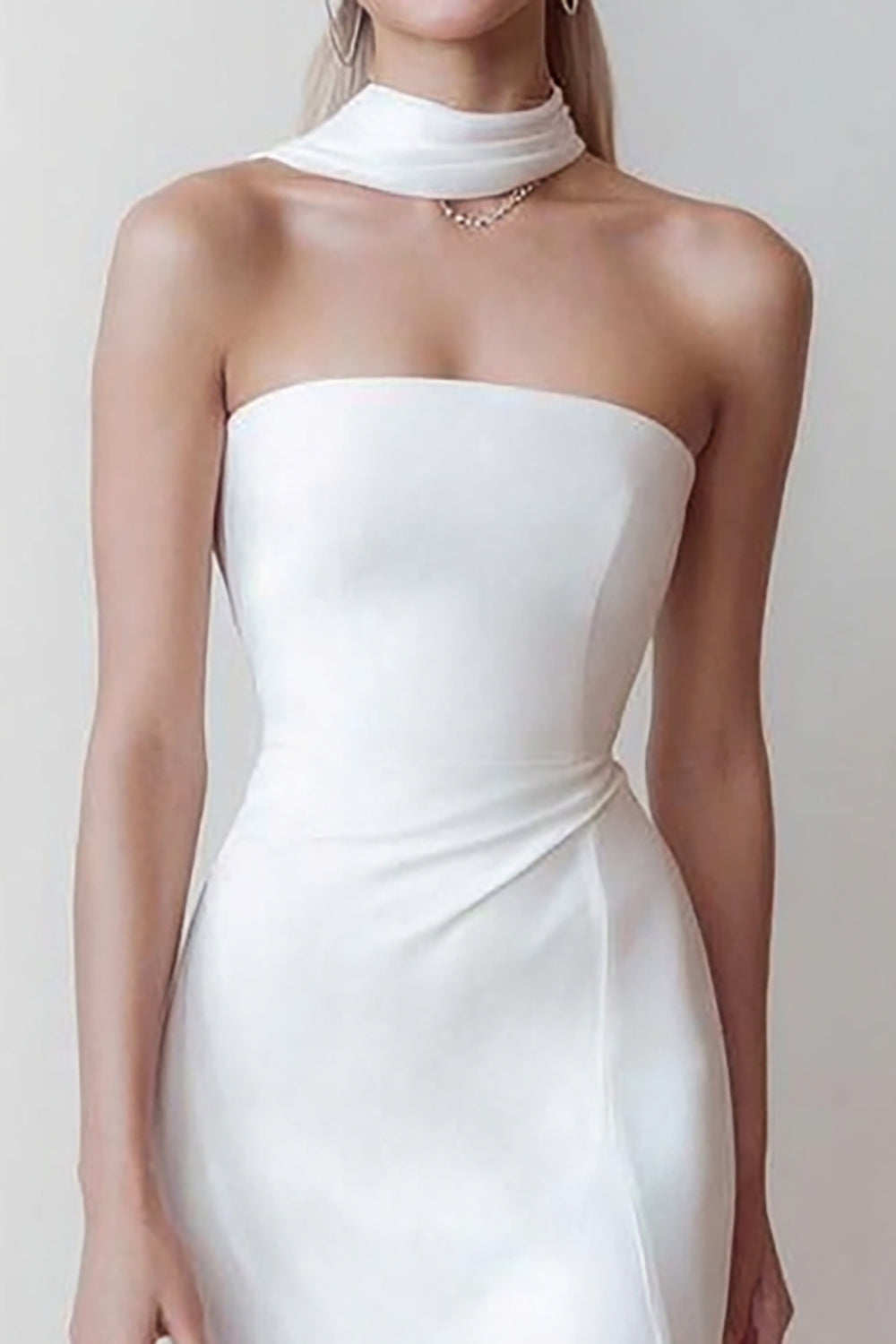 Berylove Women Strapless Midi White Dress Elegant Satin Graduation Dress with Neck Scarf, White / US4 Berylove Women Strapless Midi White Dress Elegant Satin Graduation Dress with Neck Scarf, White / US4
