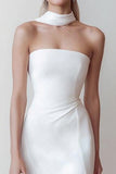 Elegant Strapless Satin Midi White Dress