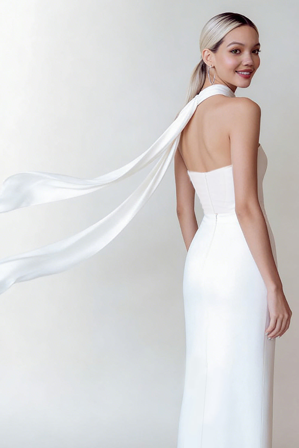 Berylove Women Strapless Midi White Dress Elegant Satin Graduation Dress with Neck Scarf, White / US4 Berylove Women Strapless Midi White Dress Elegant Satin Graduation Dress with Neck Scarf, White / US4