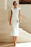 Round Neck Ruched Cap Sleeve Midi White Dress