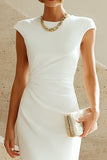 Round Neck Ruched Cap Sleeve Midi White Dress