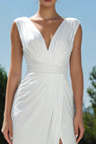 Simple Ruched V Neck Midi White Dress