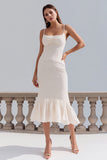 Elagant Spaghetti Straps Midi White Dress with Ruffles
